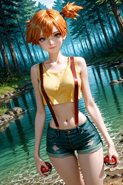 1 girl, Misty, orange hair, short hair, side ponytail, green eyes, beautiful eyes, beautiful face, face sculpted with hyper-realistic details, bare arms, suspenders, navel, midriff, yellow shirt, collarbone, crop top, sleeveless shirt, denim shorts, standi...