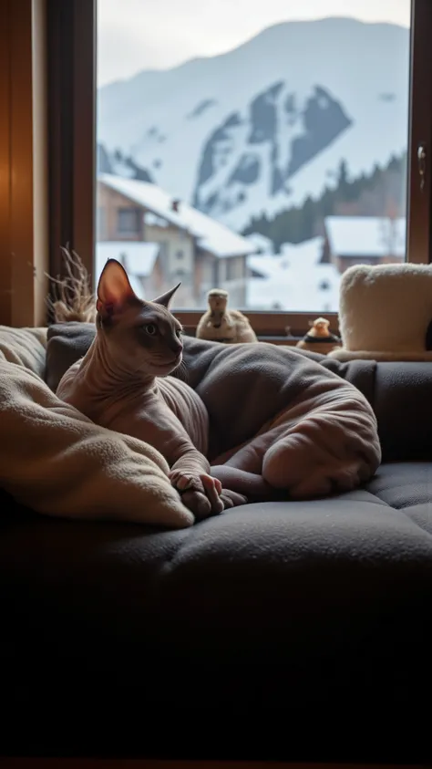 high-definition images、Picture of a cat in the house、brown sphinx tsugai、cat relaxing on a black sofa、under a window with a view of snowy mountains