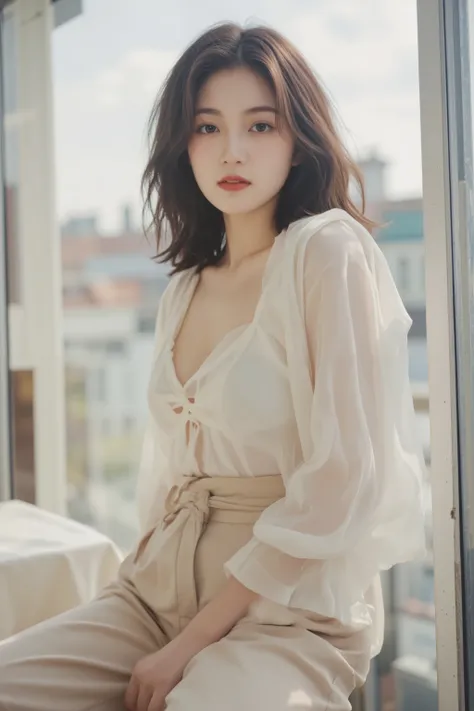 in the style of maripol,a polaroid photo of,Huge Breast,OBbllai,Sophisticated Japanese Woman、high end cafe、Open Terrace、sheer blouse、High Waist Wide Pants、branded bag、wave hair in stream、Urban Views、Glassy Interior、Space based on white、elegant atmosphere、V...
