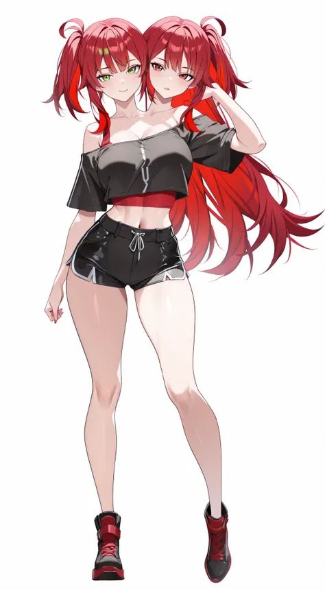(masterpiece),(ultra-detailed), (high quality), (high resolution), (best quality:1.5, highres, UHD), highres, absurdo, ultra detail, ultra quality, Ultra resolution, 16k, 1girl, (2heads:1.5), girl with two heads, (red hair:1.5)), ((different hair colors:1....