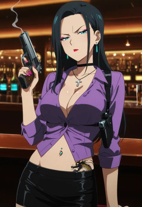 masterpiece, best quality, amazing quality, depth of field, girl,,  long hair, black hair, forehead, teal eyes, , nail polish , , makeup , ear piercing , long hair , lipstick , Hot girl , baddie , smoking , sensual , attractive , choker ,  cross necklace ,...