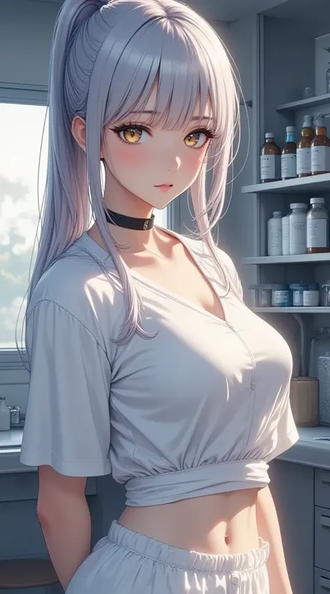  (masterpiece,     computer, mejor quality,    Clear focus, shadow, of the rays of God, ultra high resolution, 8K, Perfect anatomy, perfect face, (detailed face), (detailed eye), score_9, score_8_above, score_7_above, score_6_above, score_5_above, score_4_above, source_ lively, Label 1, Label2, quality_masterpiece,  Anatomically Correct , beautiful face, perfect face, Beautiful and highly detailed face and eyes,    Attractive Face   , detailed face, Delicate facial features, bare shoulders, enormes pechos, bra size D or DD, cuckold, gigantic butt, thick thighs. looking at the spectator. fantastic environment. anime-style illustration with an elegant, slim build and pronounced bust, adult wearing stylized nurse costume,  with very long hair , silver white with bluish reflections,  tied in a tall ponytail . She has bright golden eyes and a serious but elegant expression. The scene takes place in a room illuminated by natural light from a window, with bottles and bottles of medicine on a table. The composition highlights the character design with white uniformity, highly detailed digital art style, soft lighting, shadows delicadas y acabado pulido.