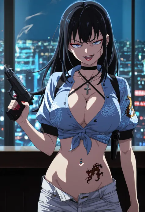 masterpiece, best quality, amazing quality, depth of field,  long hair, black hair, dark blue eyes, blue shirt, short sleeves, white pants, red lipstick, evil smile, angry eyes, path through the village, small japanese village, solo,nail polish , , makeup ...