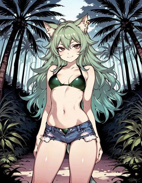 Source_anime, cute female, fishine style, 1girl, cat girl BREAK 

Cat ears, animal fluff ears, green ears, white fluff, long hair, messy hair, green hair, small breasts, single ear piercing, bronze piercing, brown eyes 

Green bikini top, navel, denim shor...