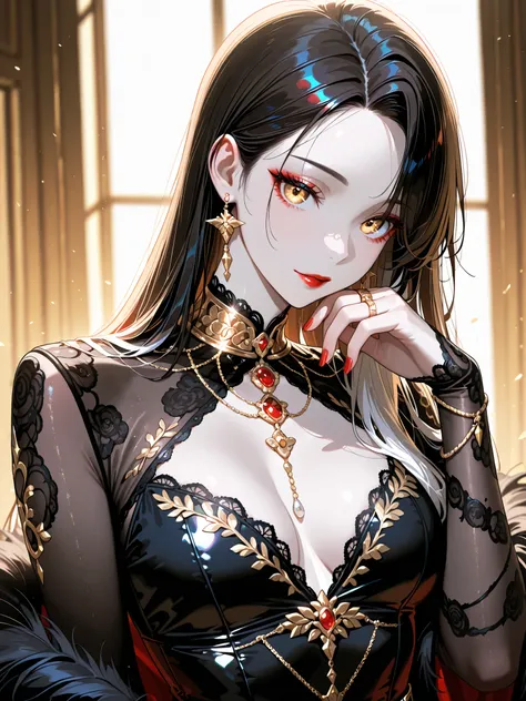 a young supernatural beauty, with pale skin and red lips. Her eyes are golden. His hair,  Short and Dark , falls on her shoulders. She wears silk and dark velvet clothes with lace, adorned with silver and gold jewelry.