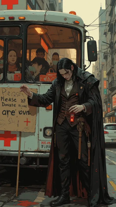 elegant aristocrat vampire、black cape and tailcoat、Expression Full of Pain、Bloodthirsty Red Eyes、Long fangs、Pale skin、Long Black Hair、written on it {x} figure desperately bowing his head in front of a blood donation bus、「Please donate blood!」holding a hand...