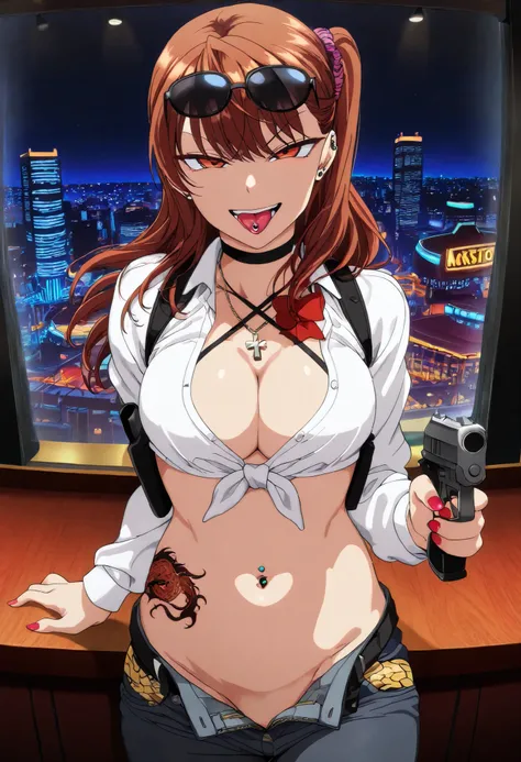 masterpiece,best quality,good quality,newest,
grin,
looking at viewer,
solo,
IzumiNogami,1girl,brown hair,long hair,hair scrunchie,one -side -up,brown eyes,
breasts,
red bowtie, open cardigan,
, nail polish, ear piercing, long hair, , lipstick,Hot girl, ...