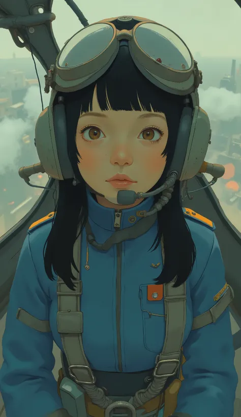 front、taken from above、 Female Pilot ,blue pilot suit,Helmets,cockpit with a view of the outside, is narrow,Sitting in the cockpit of a 、monitor、front、in flight