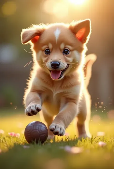 Help me generate a video of a puppy playing with a ball