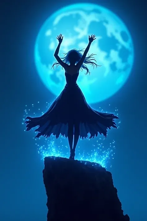 A witch standing on the edge of a cliff under a full moon, Arms up，magical energy swirls around her. The wind blows her cape and hair. in dark fantasy anime style, 8k magical lens with glowing particles, Icy blue light, and expressive poses. super detailed...