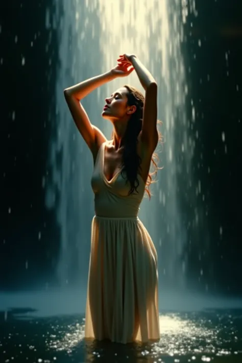 A woman standing under a waterfall, Close your eyes, arms raised above the head. sunlight refracts through falling water,A wet dress clinging to her curves. drawn in a soft semi-realistic style, with strong water effects, Translucent fabric, Ambient halo. ...