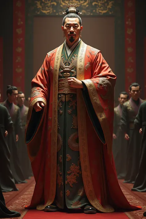 Create a full-body photo of Xi Da，wearing a dragon robe，There are all people offstage