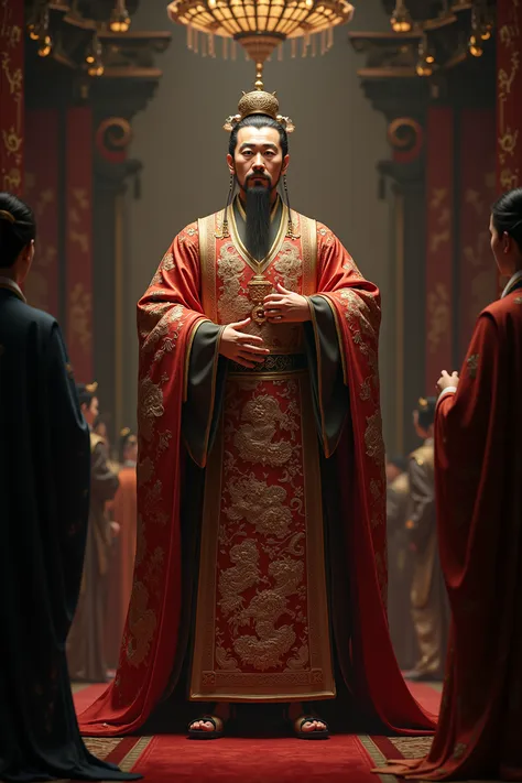 Create a full-body photo of Xi Da，wearing a dragon robe，There are all people offstage