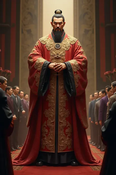 Create a full-body photo of Xi Da，wearing a dragon robe，There are all people offstage