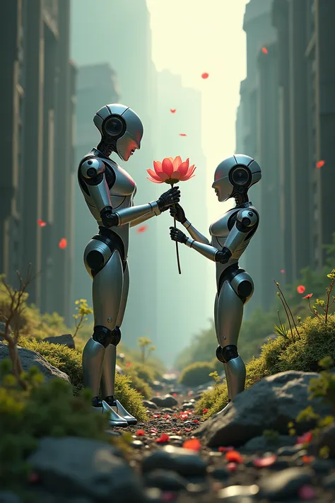 Futuristic robots gently holding a blooming flower in their hands while standing in ruins replaced by nature. This moment evokes the balance of humanity and decay. illustrated in a sci-fi surrealist style, combines metallic textures with soft natural gradi...