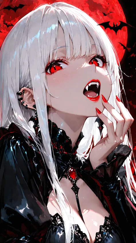 Shiny skin,Cute,748cmstyle, (masterpiece:1.2, best quality), (beautiful detailed eyes:1.2), ((beautiful girl)), (very detailed CG, ultra detailed), (very detailed and beautiful:1.1), (perfect details:1.1), a digital art of a woman with bright red lipstick and white teeth, 1girl, solo, red eyes, long hair, jewelry, white hair, vampire, dress, looking at viewer, black dress, earrings, a large red full moon background, bats, bangs, breasts, ear piercing, fangs, open mouth, red nails


