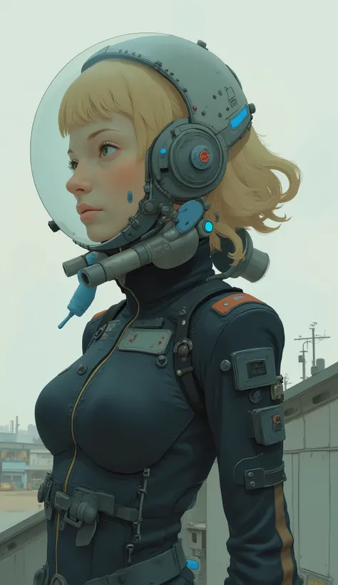 profile、taken from above、 Female Pilot ,Perfect Fit Pilot Suit for Her Body with Blue Accents on a Futuristic White Background,Transparent full face helmet,Blonde、Beautiful Russian Girl、very big breasts、The cockpit showing the exterior view enhances the p...