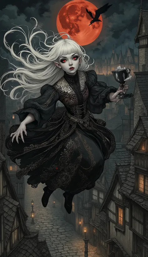 (A fusion of Ukiyo-e and dark fantasy. Aesthetic and gothic digital art. Draw a detailed face. Look away.) BREAK (Translucent white hair. Blunt bang. White eyebrows. Long white eyelashes. Almond-shaped eyes. Bright red pupils. Thick, dark eyeliner. Small p...