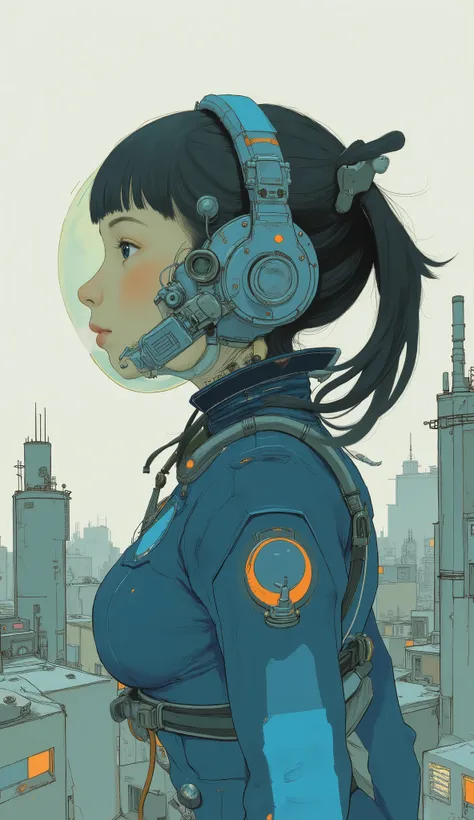profile、Taken from the bottom、 Female Pilot ,Thin body-fitting bodysuit with blue accents on a futuristic white background、The body line is clear,Transparent full face helmet,dark haired、with matching bangs、beautiful Japanese girl、very big breasts、The coc...