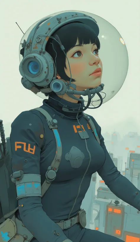 profile、Taken from the bottom、 Female Pilot ,Thin body-fitting bodysuit with blue accents on a futuristic white background、The body line is clear,Transparent full face helmet,dark haired、with matching bangs、beautiful Japanese girl、very big breasts、The coc...