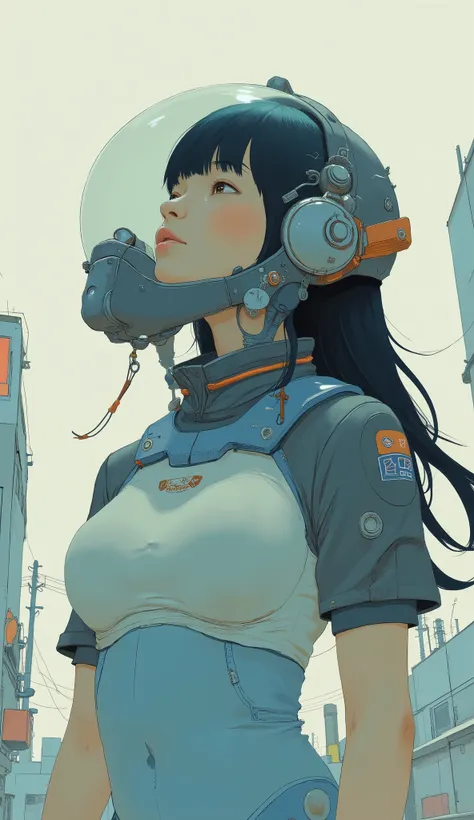 profile、Taken from the bottom、 Female Pilot ,Thin body-fitting bodysuit with blue accents on a futuristic white background、The body line is clear,Transparent full face helmet,dark haired、with matching bangs、beautiful Japanese girl、very big breasts、The coc...