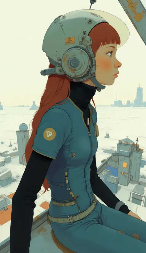 profile、Taken from the bottom、 Female Pilot ,Thin body-fitting bodysuit with blue accents on a futuristic white background、The body line is clear,Transparent full face helmet,Red hair、with matching bangs、beautiful american girl、very big breasts、The cockpi...