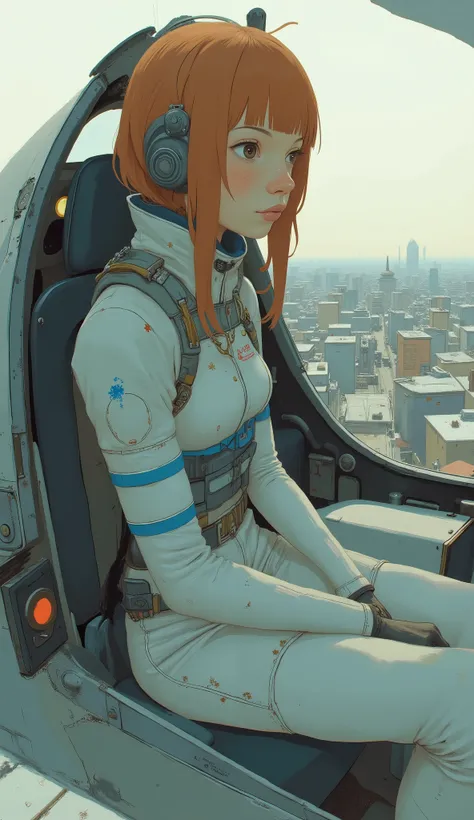 profile、Taken from the bottom、 Female Pilot ,Thin body-fitting bodysuit with blue accents on a futuristic white background、The body line is clear,Transparent full face helmet,Red hair、with matching bangs、beautiful american girl、very big breasts、The cockpi...