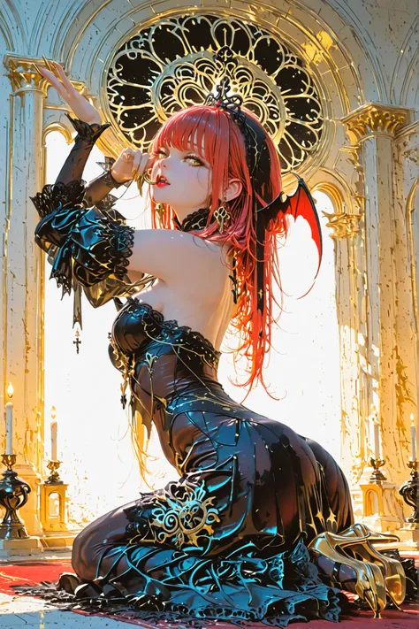 A hyper-detailed, ultra-realistic illustration of an extremely sexy vampire woman with hypnotic yellow eyes, long blood-red hair, and a voluptuous, perfectly sculpted body. She has wide hips, a thin waist, and stands in a provocative, arched pose with her ...