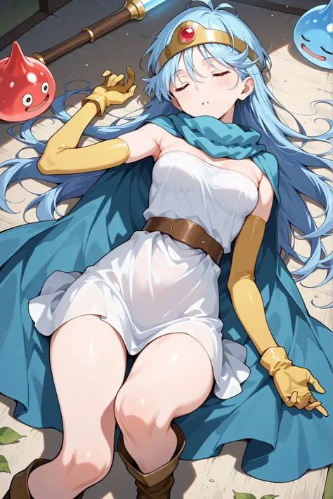 masterpiece、 swollen eyes、Highest Quality, Ultra Hi-Vision, (reality: 1.4), Cinema Light、Japanese、Bright light blue hair、20 years old､masterpiece, Highest Quality, Super Details,  _(dq3),long hair, blue hair, simple tiara with red jewels、 red eyes in the c...