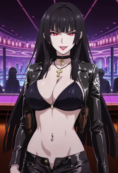 glass, long hair, bangs, black hair, blunt bangs, hime cut, red eyes, slit pupils, bright pupils, mature female,, anime screencap, nail polish , , makeup , ear piercing , long hair , lipstick , Hot girl , baddie , smoking , sensual , attractive , choker , ...