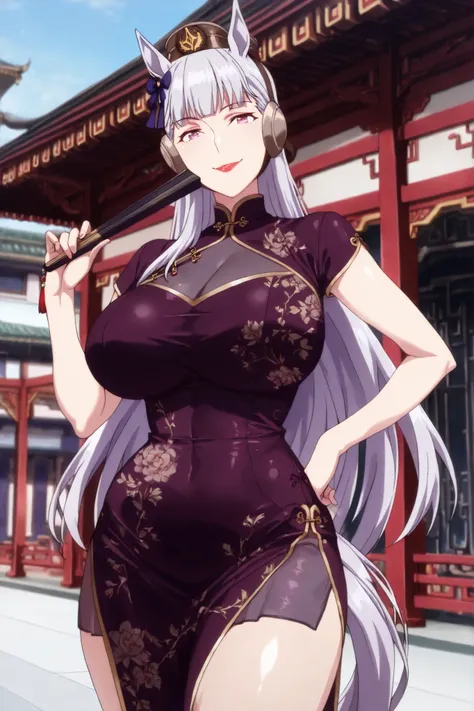 newest , masterpiece , anime screencap , anime coloring , horse, horse ears, long hair, white hair, animal ears, horse girl, 1girl, solo, ractical body shape, glamorous bodies, attractive bodies, motherly, big Curvy, Slutty, Neat, ((dark purple short dress...