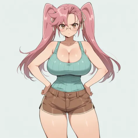 masterpiece, ultra-HD, impressionism, high detail, best quality, very aesthetic, 8K, best quality, beautiful, ultra-high resolution, 32K UHD, 1girl, solo, saya takagi, long hair, ribbon, twintails, brown eyes, eyelashes, hair ribbon, pink hair, glasses, hu...