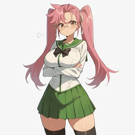 masterpiece, ultra-HD, impressionism, high detail, best quality, very aesthetic, 8K, best quality, beautiful, ultra-high resolution, 32K UHD, 1girl, solo, saya takagi, long hair, ribbon, twintails, brown eyes, eyelashes, hair ribbon, pink hair, glasses, hu...