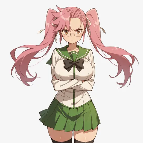 masterpiece, ultra-HD, impressionism, high detail, best quality, very aesthetic, 8K, best quality, beautiful, ultra-high resolution, 32K UHD, 1girl, solo, saya takagi, long hair, ribbon, twintails, brown eyes, eyelashes, hair ribbon, pink hair, glasses, hu...