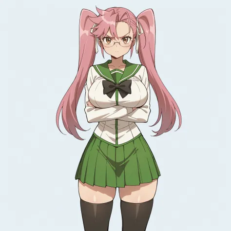 masterpiece, ultra-HD, impressionism, high detail, best quality, very aesthetic, 8K, best quality, beautiful, ultra-high resolution, 32K UHD, 1girl, solo, saya takagi, long hair, ribbon, twintails, brown eyes, eyelashes, hair ribbon, pink hair, glasses, hu...