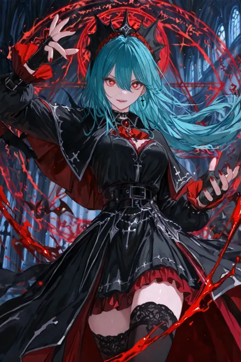 20m-rft45, cross-shaped_pupils, symbol-shaped_pupils, aqua hair, long hair, 1girl, red eyes, black dress, bangs, long sleeves, black capelet, hair between eyes, jewelry, belt, black thighhighs, thighhighs, fingerless gloves, headdress,Vampire queen, dynami...