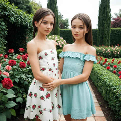 Two flat-chested women in low-cut summer dresses in the rose garden.
