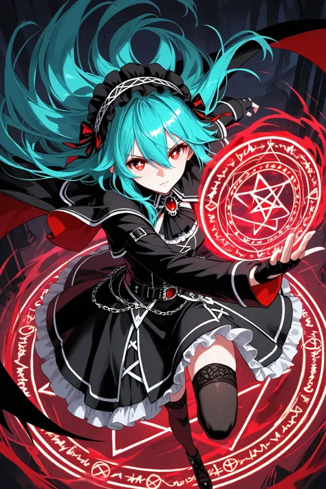 20m-rft45, cross-shaped_pupils, symbol-shaped_pupils, aqua hair, long hair, 1girl, red eyes, black dress, bangs, long sleeves, black capelet, hair between eyes, jewelry, belt, black thighhighs, thighhighs, fingerless gloves, headdress,eyesHD,high gradient ...