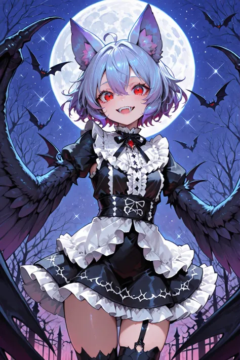 Harpy style girl. Wing arms. Bat wings. Indigo hair. Short hair. Ruffled hair. Animal ears. Red eyes. Large eyes. Vampire teeth. Black dress. White frills. Short skirt. Night sky. Full moon.