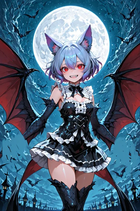 Harpy style girl. Wing arms. Bat wings. Indigo hair. Short hair. Ruffled hair. Animal ears. Red eyes. Large eyes. Vampire teeth. Black dress. White frills. Short skirt. Night sky. Full moon.