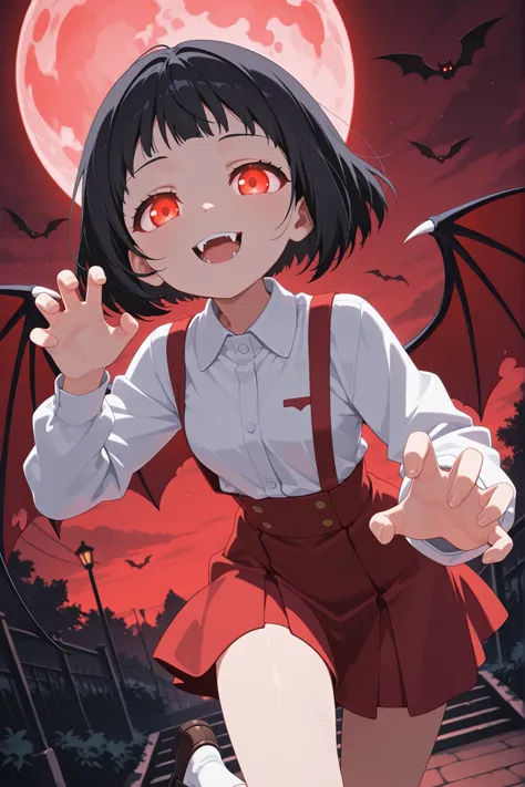 Score_9, Score_8_Up, Score_7_Up, Source_Anime, Hasegawa Hanako, short hair, black hair, brown eyes, small breasts, outdoors, red full moon in the sky, leaning forward, smiling, looking at viewer, solo, cowboy shot, Dutch angle, claw pose, Hiiragi Hanako, s...