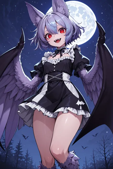 Harpy style girl. Wing arms. Bat wings. Indigo hair. Short hair. Ruffled hair. Animal ears. Red eyes. Large eyes. Vampire teeth. Black dress. White frills. Short skirt. Night sky. Full moon.