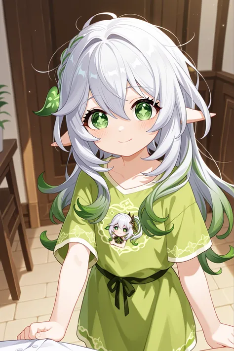 nahida, my nahida, genshin,Shy, smiling, messy hair, casual clothes