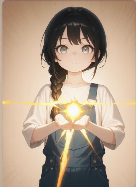 Masterpiece, Best Quality, Newest, Safe, Good Anatomy, Good Resolution, Good Lighting. Beautiful, Anime, Normal. Girl, Black Hair, Hairstyle, One Braid. Light Gray Eyes. Black Eyelashes, Fair Skin. Adorable, She is 8 Years Old, Height 1'28 cm. Looking at V...