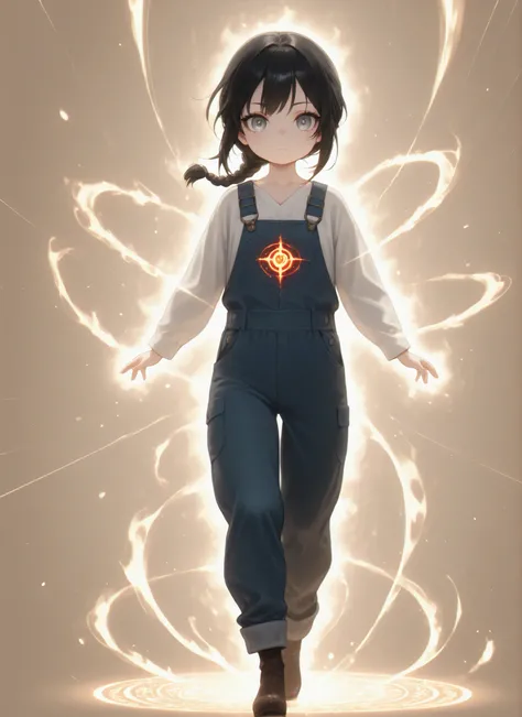 Masterpiece, Best Quality, Newest, Safe, Good Anatomy, Good Resolution, Good Lighting. Beautiful, Anime, Normal. Girl, Black Hair, Hairstyle, One Braid. Light Gray Eyes. Black Eyelashes, Fair Skin. Adorable, She is 8 Years Old, Height 1'28 cm. Looking at V...