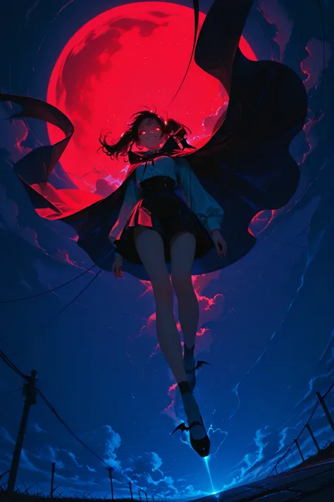 a vampire girl with long black twin tails, flying in midair, (viewed from below:1.2), dutch angle, dynamic composition, energetic pose, hair fluttering, oversized cape billowing dramatically, confident sinister smile, glowing eyes,background with a reddish...