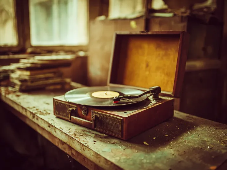 Generate a vintage still life photograph: in a corner of a dusty loft,record The pin on the plane is parked in the center of the vinyl record {x} The background is debris piled up with yellowed books and faded photographs {x} An old wooden record player st...
