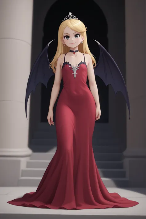 flat breasts. flat chest, skinny, huge hips, looking at viewer, 1o1a, blonde hair, tiara, Black eyes, earrings, necklace, choker. |score_9, score_8_up, score_7_up, masterpiece, high quality vampire, beautiful woman, sexy , skimpy, dress, wings, standing on...