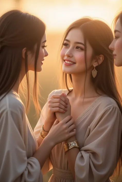 Hari nostalgia. 3 very beautiful girls are getting together, they meet to be nostalgic. They all look so happy holding hands because they are reunited, longing for the past. (karya agung:1.3,8k:1.3,Kualitas Tertinggi:1.3,detail:1.3,resolusi tinggi:1.3,lukisan digital,sangat detail), practice, Foto yang jelas, detail realistis, background sangat detail, very clear background.