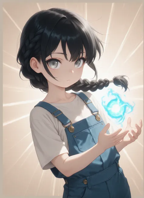 Masterpiece, Best Quality, Newest, Safe, Good Anatomy, Good Resolution, Good Lighting. Beautiful, Anime, Normal. Girl, Black Hair, Hairstyle, One Braid. Light Gray Eyes. Black Eyelashes, Fair Skin. Adorable, She is 8 Years Old, Height 1'28 cm. Looking at V...